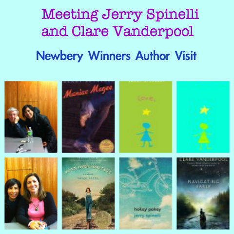 Jerry Spinelli and Clare Vanderpool, author visits, Newbery authors, meeting children's authors, meet children's authors, Maniac Magee, Stargirl, Moon Over Manifest, Hokey Pokey, Navigating Early