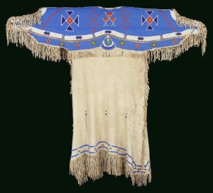 Lakota dress, unknown artist, the beadwork tells the story of creation