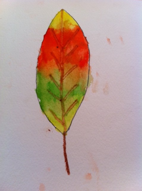Autumn leaf art project for kids, kids watercolor art project, color mixing on paper art project for kids