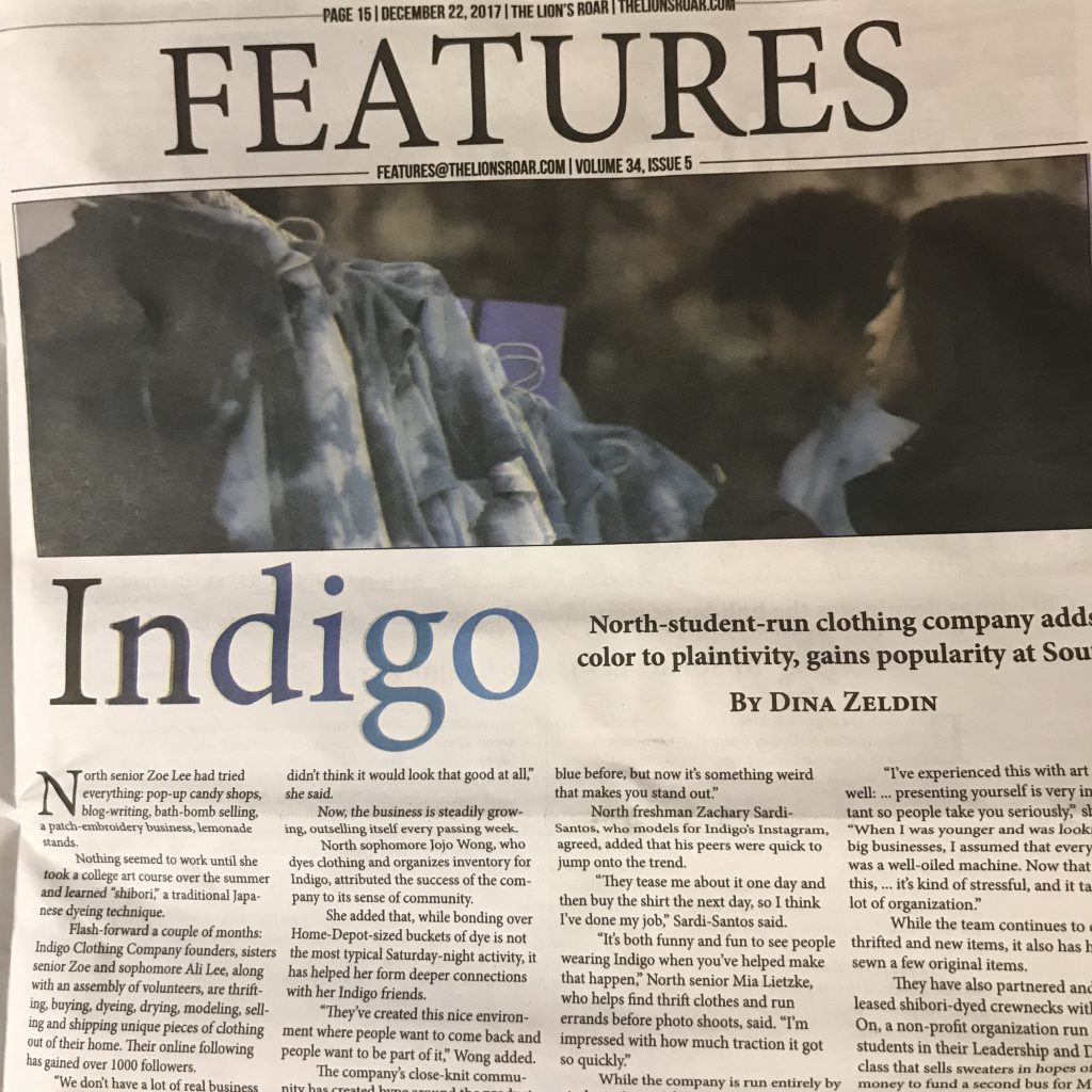 Indigo Clothing Co in school newspaper Newton South High School
