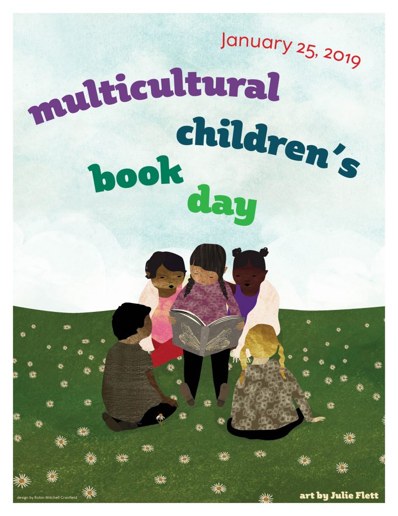Multicultural Children's Book Day poster with artwork by Julie Flett