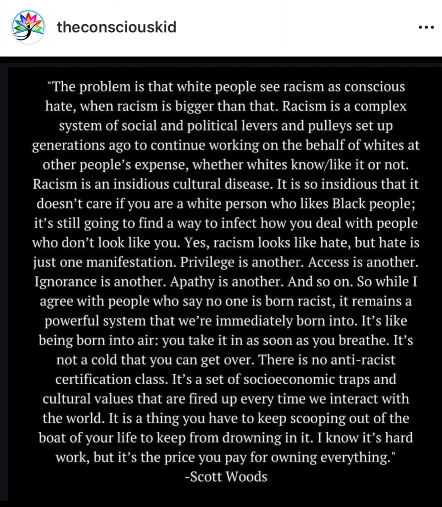 Definition of Racism from The Conscious Kid Instagram