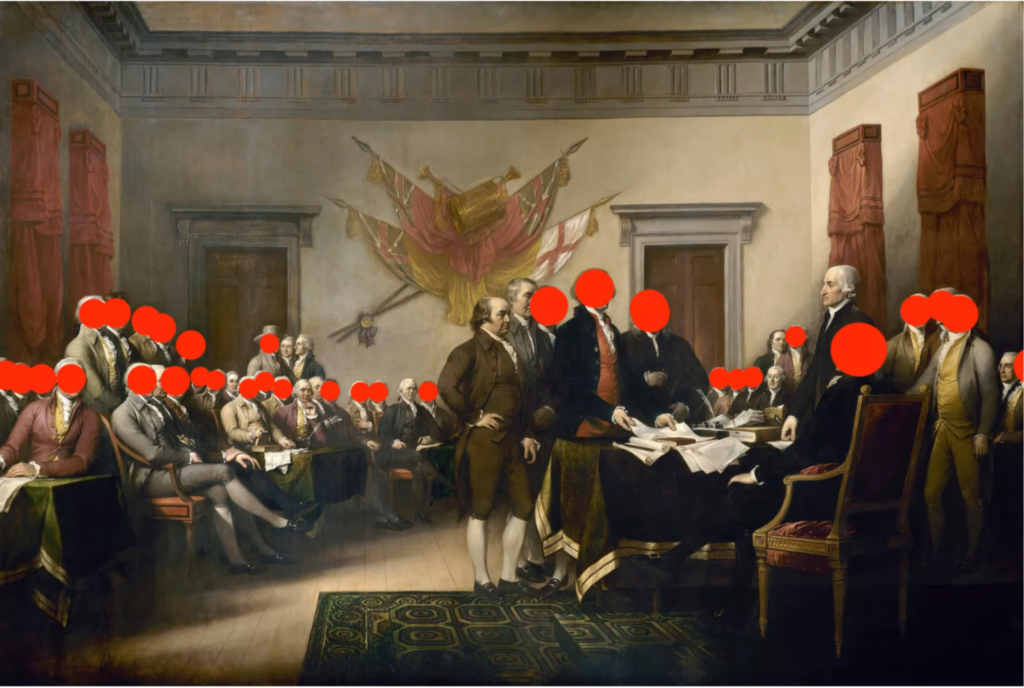 John Trumbull’s 1818 oil painting “Declaration of Independence,” with red dots on the faces of all the men who owned slaves