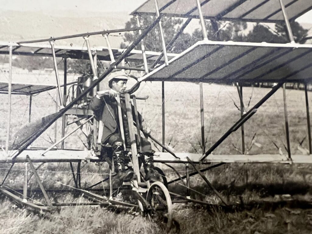 My Japanese American grandfather flying an airplane that he built himself